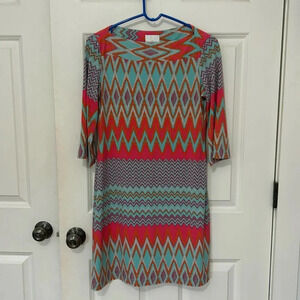 Donna Morgan maternity dress size small three-quarter length sleeve orange blue